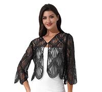 Jowowha Women 1920s Sequin Hollow Lace Shawl Wraps Evening Cape Flapper Cover Up Bridal Bolero Shrug Black One Size