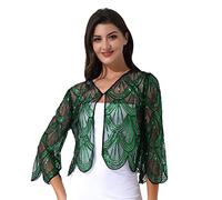 Jowowha Women 1920s Sequin Hollow Lace Shawl Wraps Evening Cape Flapper Cover Up Bridal Bolero Shrug Black&Green One Size