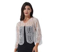 Jowowha Women 1920s Sequin Hollow Lace Shawl Wraps Evening Cape Flapper Cover Up Bridal Bolero Shrug White One Size