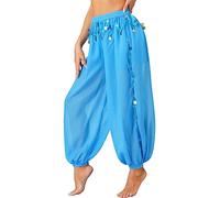 Jowowha Women Belly Dance Costume Pants Side Split Sequin Shiny Harem Yoga Pants Arabic Halloween Trousers Sky Blue One Size