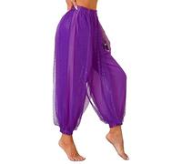 Jowowha Women Belly Dance Costume Pants Side Split Sequin Shiny Harem Yoga Pants Arabic Halloween Trousers Purple A One Size