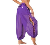 Jowowha Women Belly Dance Costume Pants Side Split Sequin Shiny Harem Yoga Pants Arabic Halloween Trousers Purple One Size