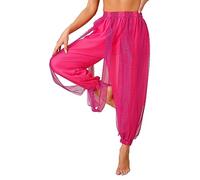 Jowowha Women Belly Dance Costume Pants Side Split Sequin Shiny Harem Yoga Pants Arabic Halloween Trousers Hot Pink A One Size