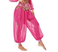 Jowowha Women Belly Dance Costume Pants Side Split Sequin Shiny Harem Yoga Pants Arabic Halloween Trousers 02#HotPink One Size