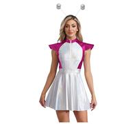 Jowowha Women Halloween Alien Cosplay Costume Robot Cosplay Costume Metallic Cap Sleeve Dress with Pair Hair Hoop Hot Pink 4XL