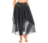 Jowowha Women Long Chiffon Training Performance Dancing Belly Dance Skirt with Coin Beads Trim Black One Size