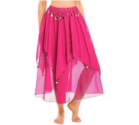 Jowowha Women Long Chiffon Training Performance Dancing Belly Dance Skirt with Coin Beads Trim Hot Pink One Size