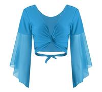 Jowowha Women's 3/4 Tulle Flared Sleeves Latin Belly Dance Top Tie Wrap Ballroom Dancing Crop Top Shirts Sky Blue One Size
