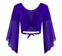 Jowowha Women's 3/4 Tulle Flared Sleeves Latin Belly Dance Top Tie Wrap Ballroom Dancing Crop Top Shirts Royal Blue One Size