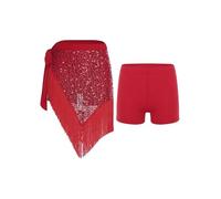 Jowowha Womens Belly Dance Sequined Hip Scarf Long Tassel Skirt Safety Shorts Stage Performance Costume Red One Size