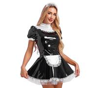 Jowowha Women's French Maid Outfit Costume PVC Leather Wet Look Halloween Cosplay Fancy Dress Black L XL