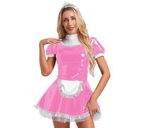 Jowowha Women's French Maid Outfit Costume PVC Leather Wet Look Halloween Cosplay Fancy Dress D1912Pink S