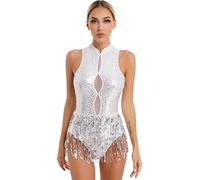 Jowowha Womens Sequin Fringe Leotard Latin Cha-Cha Dancewear Ballet Jazz Bodysuit Gymnastics Leotard Costume White D L
