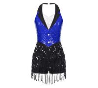 Jowowha Womens Sequin Fringe Leotard Latin Cha-Cha Dancewear Ballet Jazz Bodysuit Gymnastics Leotard Costume F1217Blue XL