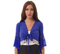Jowowha Women's Shiny Bead Tassel Belly Dance Costume Lace 3/4 Flared Sleeve V Neck Tie Knot Bandage Shawl Crop Top Royal Blue L