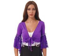 Jowowha Women's Shiny Bead Tassel Belly Dance Costume Lace 3/4 Flared Sleeve V Neck Tie Knot Bandage Shawl Crop Top Dark Purple L