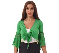 Jowowha Women's Shiny Bead Tassel Belly Dance Costume Lace 3/4 Flared Sleeve V Neck Tie Knot Bandage Shawl Crop Top Green L