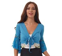 Jowowha Women's Shiny Bead Tassel Belly Dance Costume Lace 3/4 Flared Sleeve V Neck Tie Knot Bandage Shawl Crop Top Sky Blue XXL