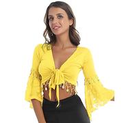 Jowowha Women's Shiny Bead Tassel Belly Dance Costume Lace 3/4 Flared Sleeve V Neck Tie Knot Bandage Shawl Crop Top Yellow XXL