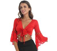 Jowowha Women's Shiny Bead Tassel Belly Dance Costume Lace 3/4 Flared Sleeve V Neck Tie Knot Bandage Shawl Crop Top Red 3XL