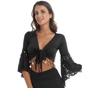 Jowowha Women's Shiny Bead Tassel Belly Dance Costume Lace 3/4 Flared Sleeve V Neck Tie Knot Bandage Shawl Crop Top Black L