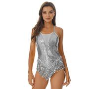 Jowowha Womens Sparkly Sequin Fringe Leotard Bodysuit Ballroom Latin Dance Costume Flowy Tassel Fringe Dancewear Silver A XXL