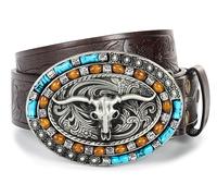 JowTreex Men's Western Embossed Leather Belts - Cowboy Cowgirl Fashion Longhorn Bull Floral Engraved Country Belt for Jeans Pants