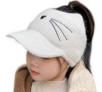 JowTreex Ponytail Beanies for Kids - Empty Top Knit Visor Warm Wool Winter-Hat Cute Cat Sport Hat for Girls White