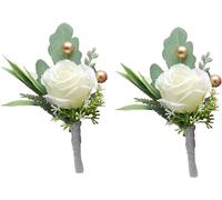 Jowxsx 2Pcs Roses Boutonniere for Men Wedding, Groom Groomsman Artificial White Rose Flowers with pins for Wedding Anniversary Celebration,Prom,Party,Home Decoration Artificial Flowers