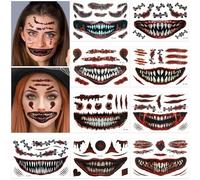 Joxessaien 10 Sheets Halloween Face Tattoos - Temporary Scars, Wounds, Teeth & Bloody Mouth Stickers for Adults & Kids, Horror Makeup for Halloween Party & Cosplay