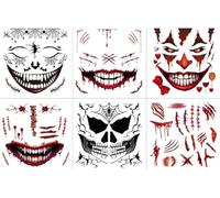 Joxessaien 6 Sheets Halloween Face Tattoos - Temporary Tattoo Stickers with Blood Tears, Eyes, Spider, Scars & Devil Wings for Adults & Kids, Halloween Makeup for Cosplay & Horror Parties