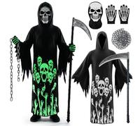 Joxessaien Grim Reaper Costume Kids with Light Mask, Scythe, 3 m Chain & Luminous Gloves - Glow in The Dark Grim Reaper Halloween Costume Boys Girls Scary Deluxe Fancy Dress Fancy Dres