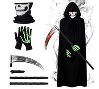 Joxessaien Halloween Grim Reaper Costume, Adult Grim Reaper Cape with Death Sense, Mask and Glowing Gloves, Horror Costumes for Halloween Parties and Stage Performances