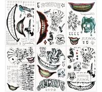 Joxessaien Joker Tattoo Set - 6 Sheets Temporary Clown Face Stickers for Adults, Halloween Costume Makeup for Men & Women Cosplay