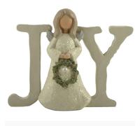 JOY Angel Figurine Christmas Decoration - Resin Letters with Angel Holding Wreath - Religious Christmas Ornament for Shelf, Mantel, Tabletop - 12cm Joy Sign Nativity Decor