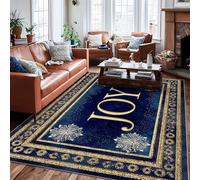 Joy Area Rug, Christmas Festive Snowflake Border Xmas Navy Non-Slip Backing Home Floor Rectangle Print Carpet Rugs for Living Room Bedroom Under Table Dining Decor 6' X 9'