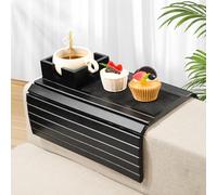 Joy&Grace Sofa Armrest Tray with Large Mug Holder, Bamboo Couch Arm Tray, Anti-Slip Couch Cup Holder Foldable Sofa Arm Table for Eating Drinks Cellphone (Color Black)