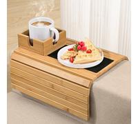 Joy&Grace Sofa Armrest Tray with Large Mug Holder, Bamboo Couch Arm Tray, Anti-Slip Couch Cup Holder Foldable Sofa Arm Table for Eating Drinks Cellphone (Color Natural)