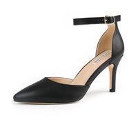 JOY IN LOVE Closed Toe Heels Pumps for Women 3IN Stiletto Pointed Toe Ankle Strap Heels, Black Matte, 6 UK