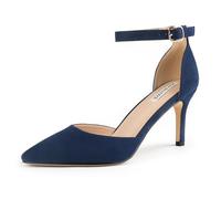JOY IN LOVE Closed Toe Heels Pumps for Women 3IN Stiletto Pointed Toe Ankle Strap Heels, Navy Suede, 6 UK