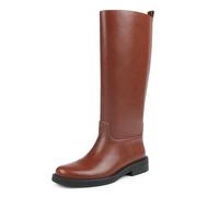 JOY IN LOVE Knee High Boots for Women Low Chunky Block Heel Faux Leather Wide Calf Riding Tall Boots, Brown, 5 UK