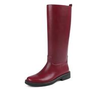 JOY IN LOVE Knee High Boots for Women Low Chunky Block Heel Faux Leather Wide Calf Riding Tall Boots, Burgundy, 5.5 UK