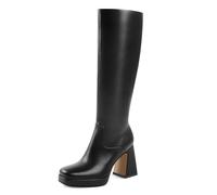 JOY IN LOVE Platform Knee High Boots for Women Chunky Block Heel Square Toe Faux Leather Tall Boots, Black Matte, 5.5 UK