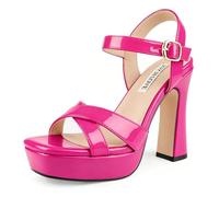 JOY IN LOVE Women's 4.5 Inch Chunky Heel Platform Sandals, Ankle Cross Strap Party Wedding Dress Shoes, Hot Pink Patent, 5 UK