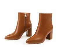 JOY IN LOVE Women's Ankle Boots 4 inch Stiletto High Heels Pointed Toe Zipper Boots, Brown Matte, 6 UK
