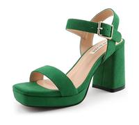 JOY IN LOVE Women's Chunky Platform High Heels Ankle Strap Block Heel Sandals, Green Suede, 5 UK