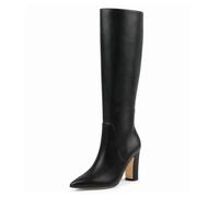 JOY IN LOVE Women's High Block Heel Wrinkled Slouchy Zipper Knee High Boots, Black Matte, 4.5 UK