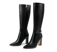 JOY IN LOVE Women's Knee High Boots High Block Heel Pointy Toe Zipper Boots Black US 8