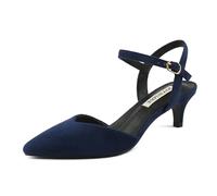 JOY IN LOVE Women's Pointed Toe Kitten Heel Pumps, Ankle Strap Low Heel Work Dress Shoes, Navy Blue Suede, 5 UK