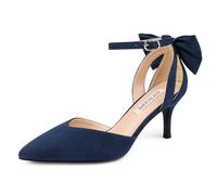 Joy in Love Women's Pumps Kitten Bow Heels Closed Pointed Toe Sandals Ankle Strap Dress Shoes, Navy Suede, 5 UK